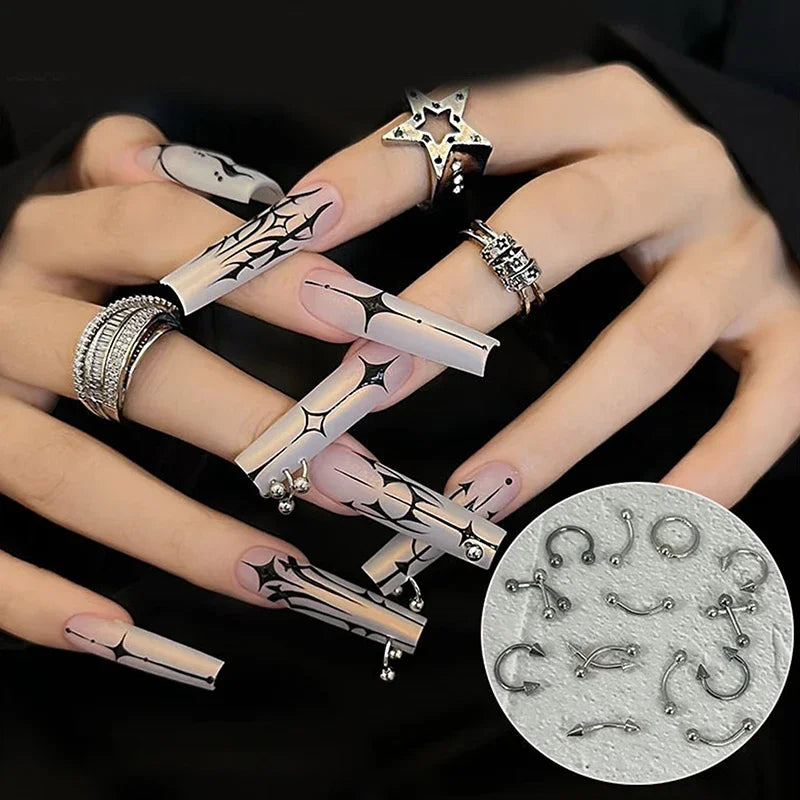 30pcs/box 6 Grids Nail Piercing Punk Charm Metal Alloy Pierced Black/White Nail Jewelry Decor 3D Nail Supply For Cool Girl