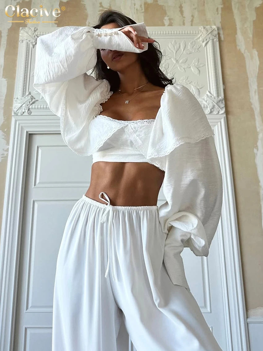 Clacive Sexy Slim White Women's Top 2025 Fashion Square Collar Long Sleeve Crop Top Elegant Classic Solid Tops Female Clothing