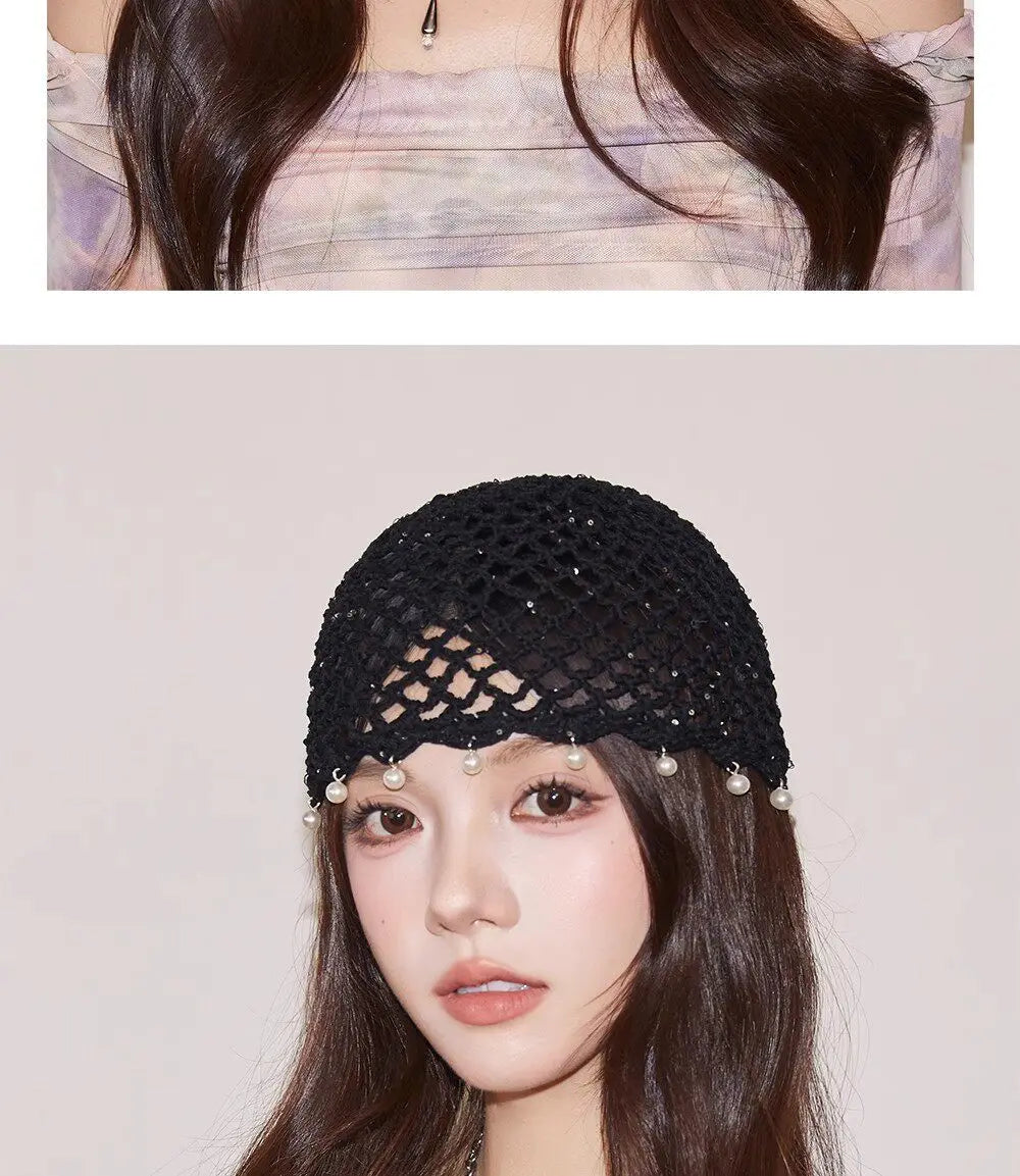 Fashion Hollowed Out Woven Pullover Hats Crochet Breathable Beret Cap Pearl Fringed Retro Beanies Cap for Women Summer Korean