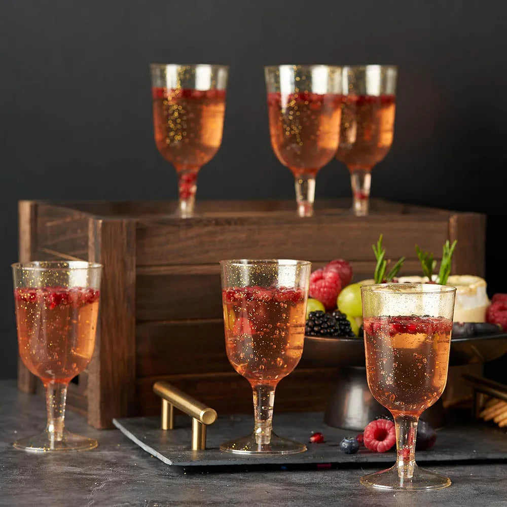 6oz Plastic Wine Glasses, Gold Glitter Wine Glasses, Plastic Wine Cups Reusable Plastic Goblets for Cocktail Parties,Weddings