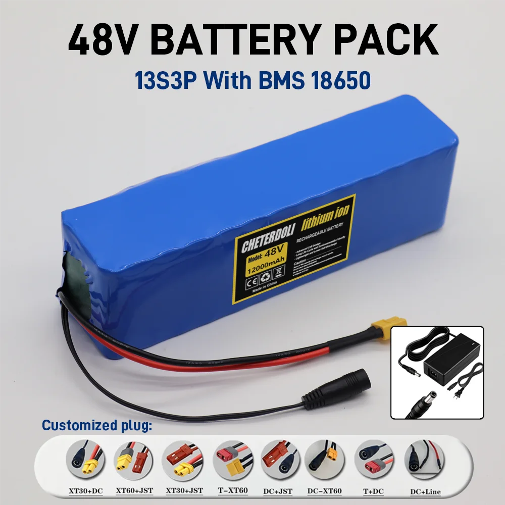 48V E-scooter Battery 12Ah real capacity 13S3P 18650 Lithium-ion battery Pack 500W 1000W motor BMS system wiht 2A Charger