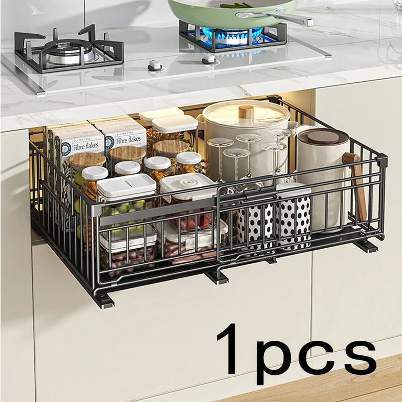 Telescopic Kitchen Organizer - Adjustable Pull-Out Shelf, Space-Saving Cabinet Storage System with Sturdy Metal Construction