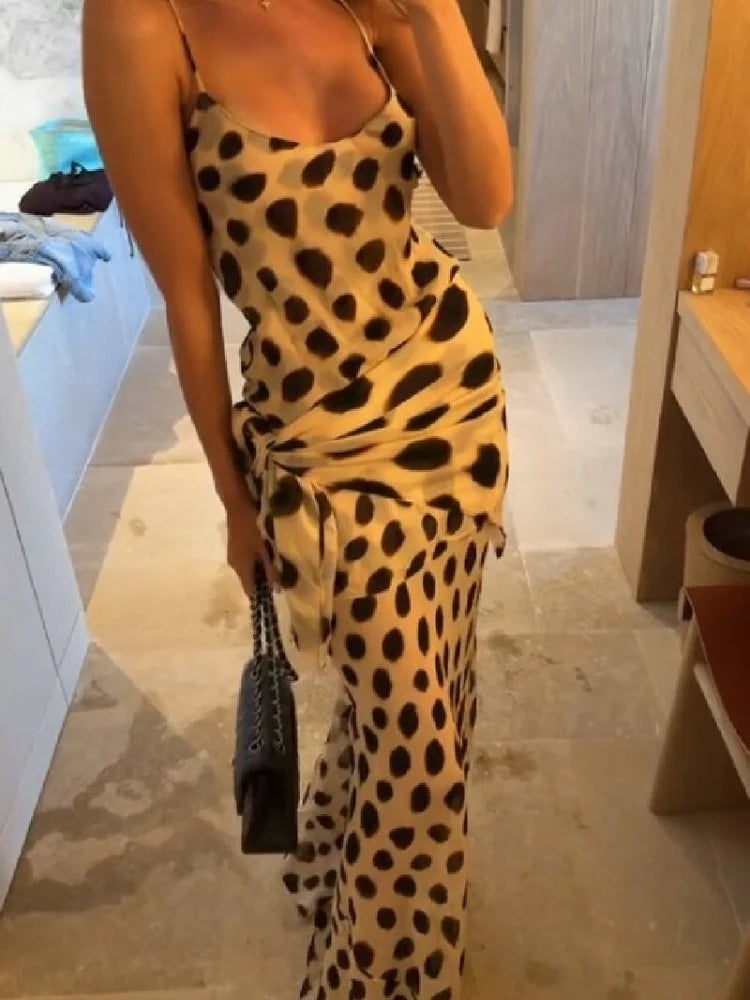 Elegant Animal Print Maxi Dress Detachable Scarf Spaghetti Strap Tie Waist Slim Fit Skirt Women Summer Party Vacation Outfit New