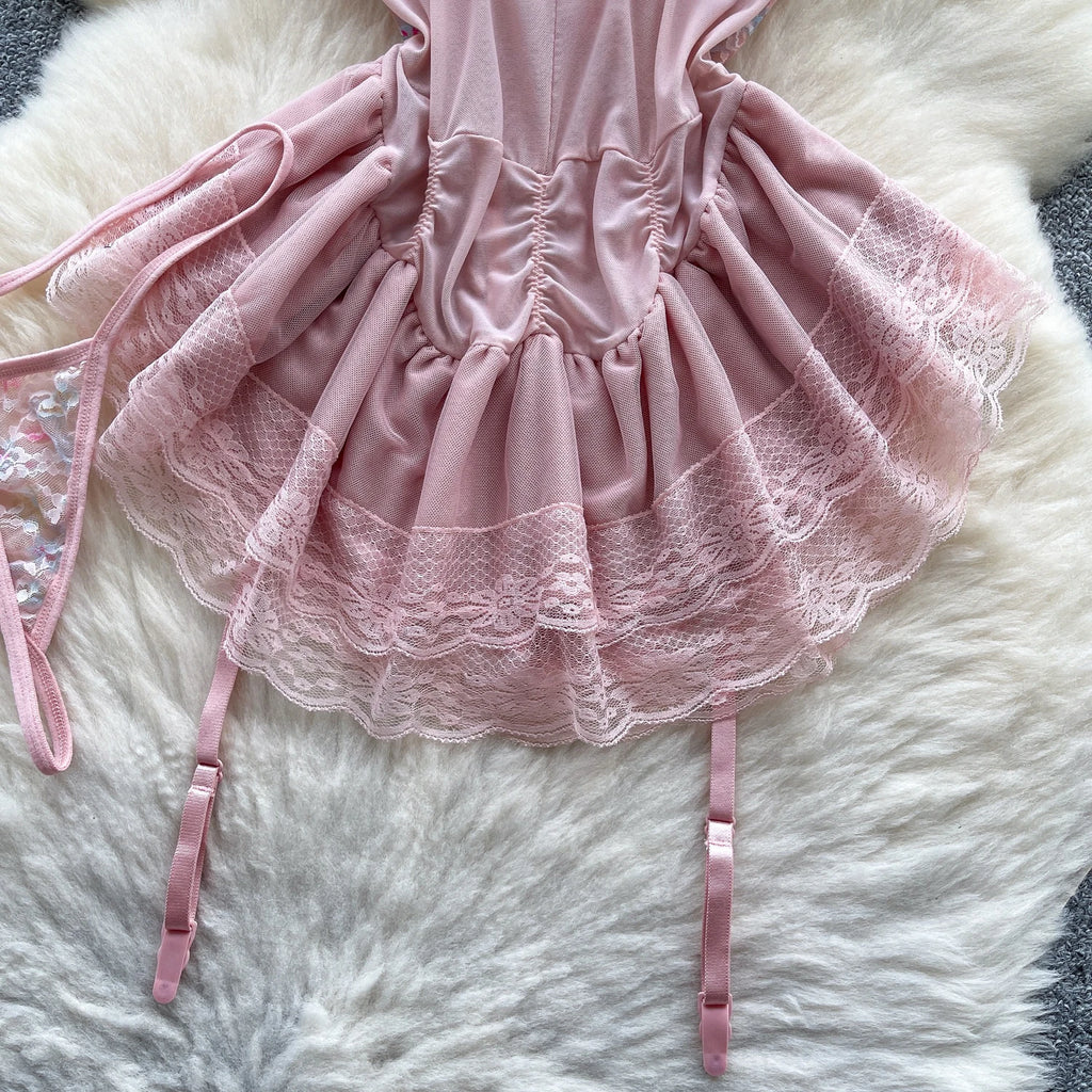 SINGREINY Strap Corset Lingerie Nightdress New Sleeveless Slim Floral Print Mini Nightwear Shapewear Mesh Lace Erotic Mini Dress