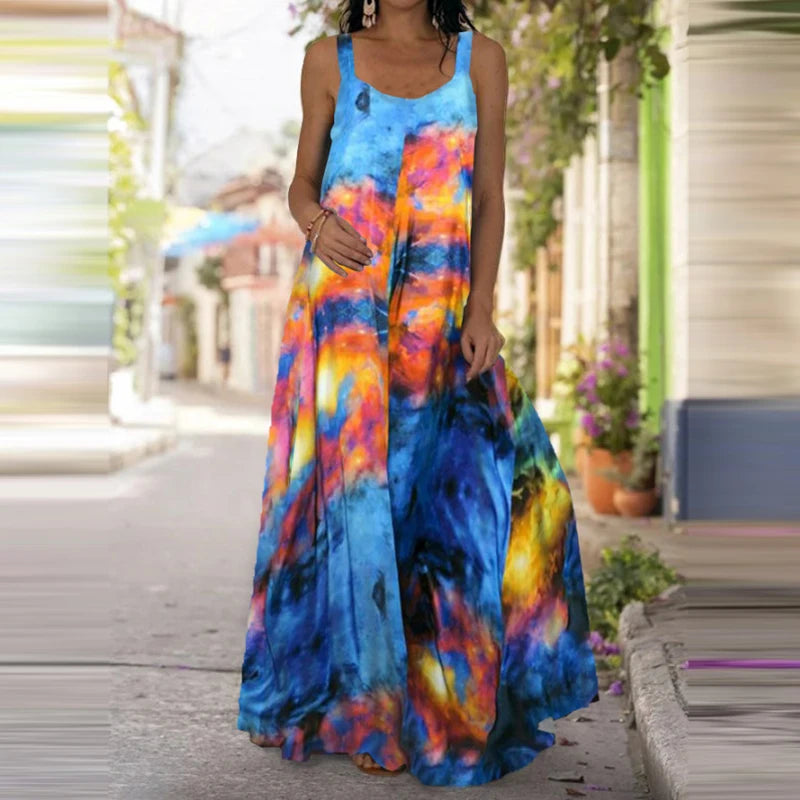 Women's Fashionable Flame Printed Sleeveless Dress  Summer Casual Printed Long Dress