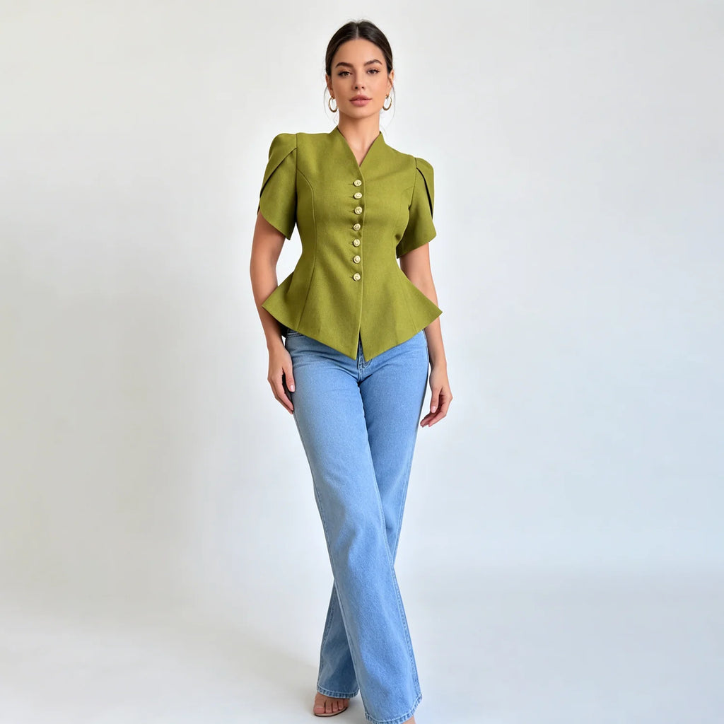 LIMO Peplum Blazer Top with V-Neck, Puff Sleeves and Decorative Buttons