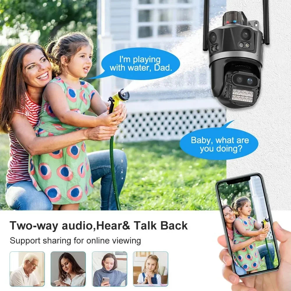 WiFi Surveillance Camera Four Lens Four Screen 8K 16MP IP Camera 8X Optical Zoom Auto Tracking CCTV Alexa ICsee New Security Cam
