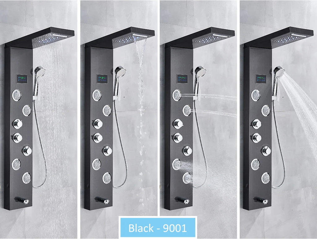 LED Shower Panel Tower System Rain Waterfall Shower Column Hydroelectricity LCD Display With Massage Body Spa Bath Shower Faucet