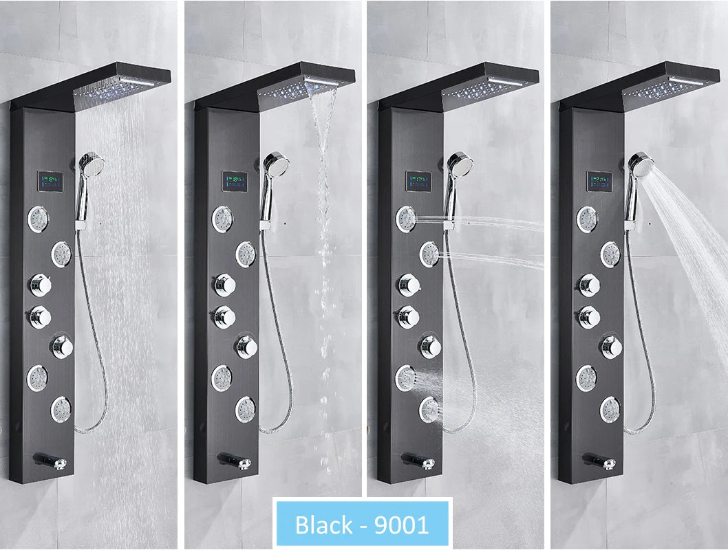 LED Shower Panel Tower System Rain Waterfall Shower Column Hydroelectricity LCD Display With Massage Body Spa Bath Shower Faucet
