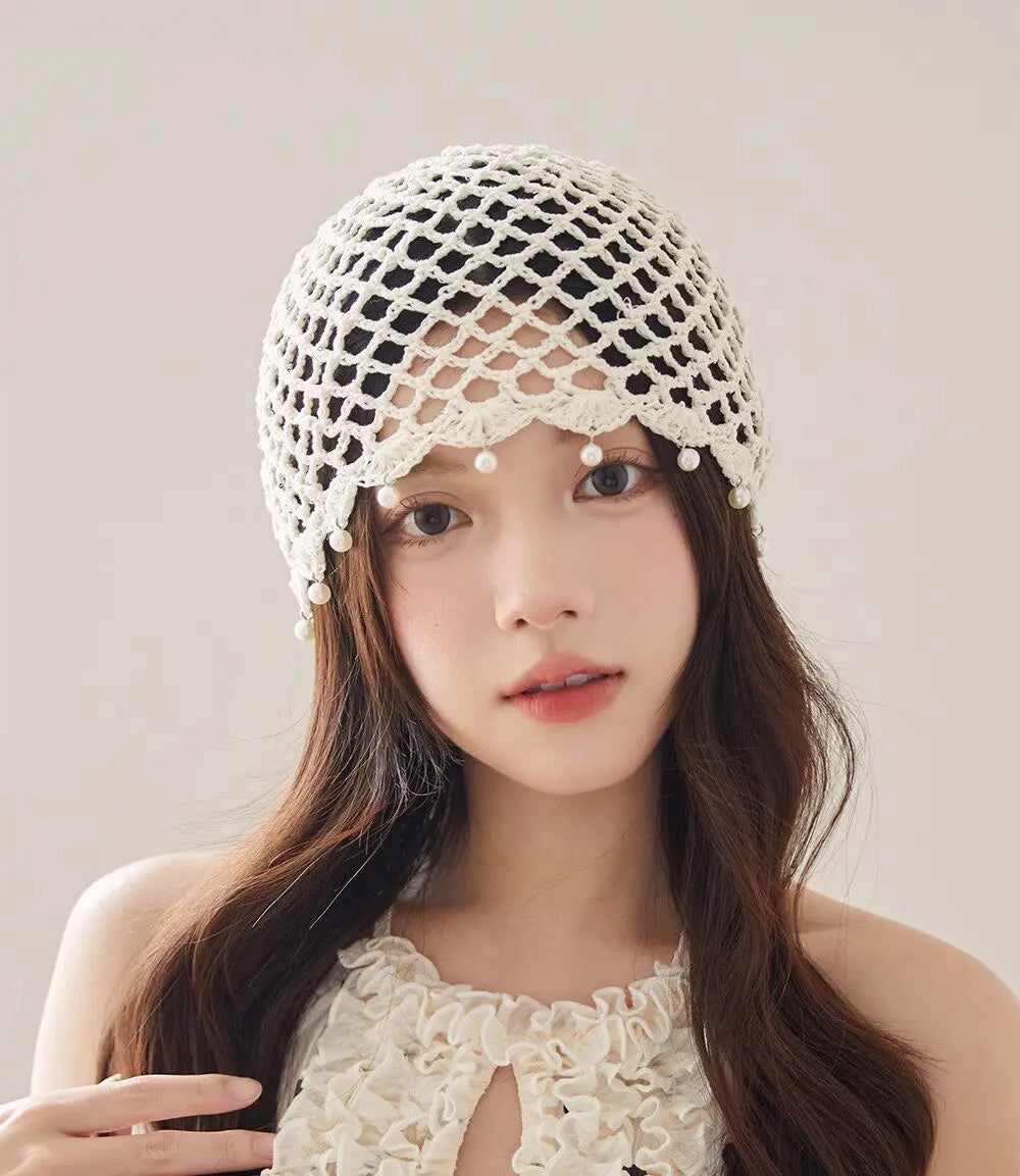Fashion Hollowed Out Woven Pullover Hats Crochet Breathable Beret Cap Pearl Fringed Retro Beanies Cap for Women Summer Korean