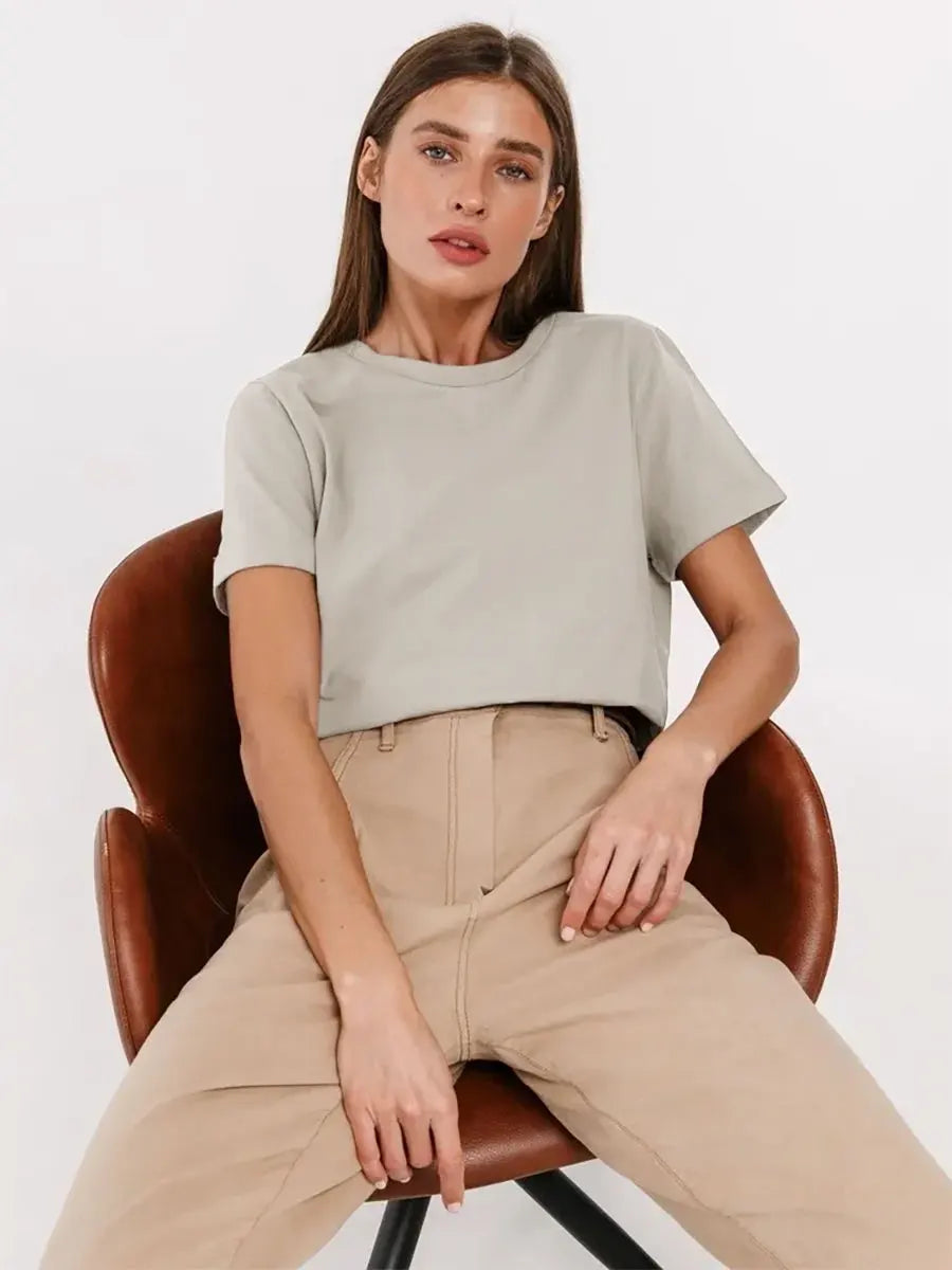 Cross border hot selling cotton T-shirt with round neck and short sleeves for European and American women loose basic top