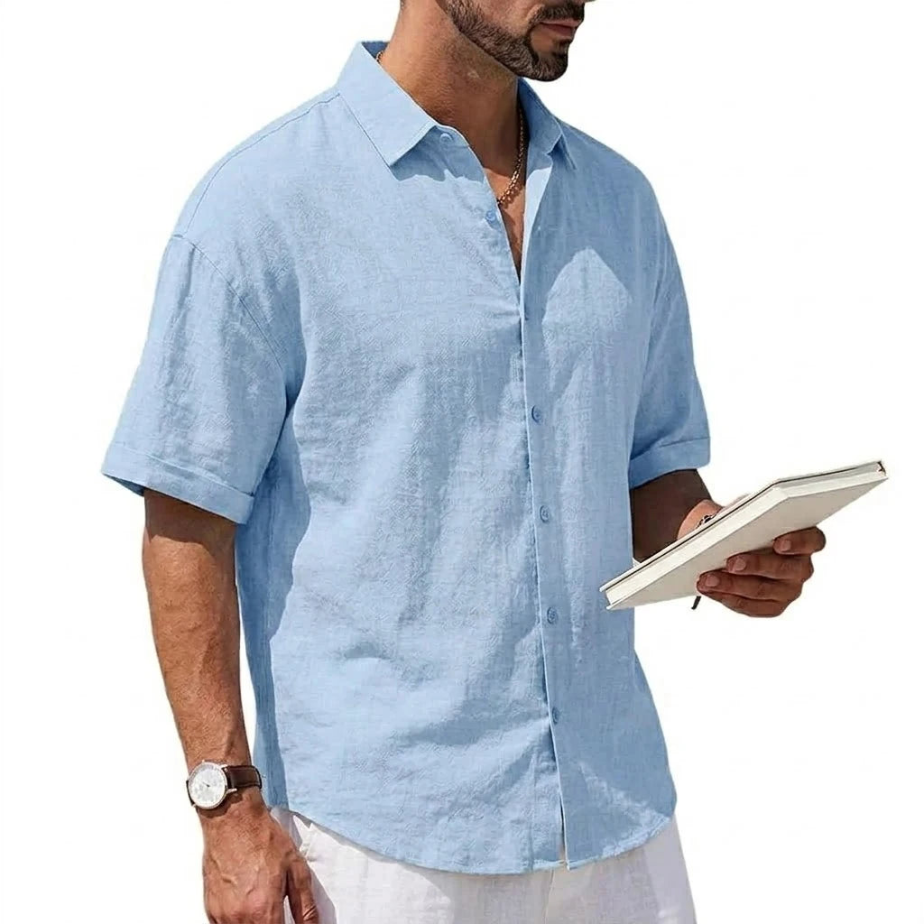 Korean Men's Short Sleeve Shirts Casual Cotton Linen T Shirts Man Lapel Shirts Male Breathable Hawaiian Shirt Man Summer T-shirt