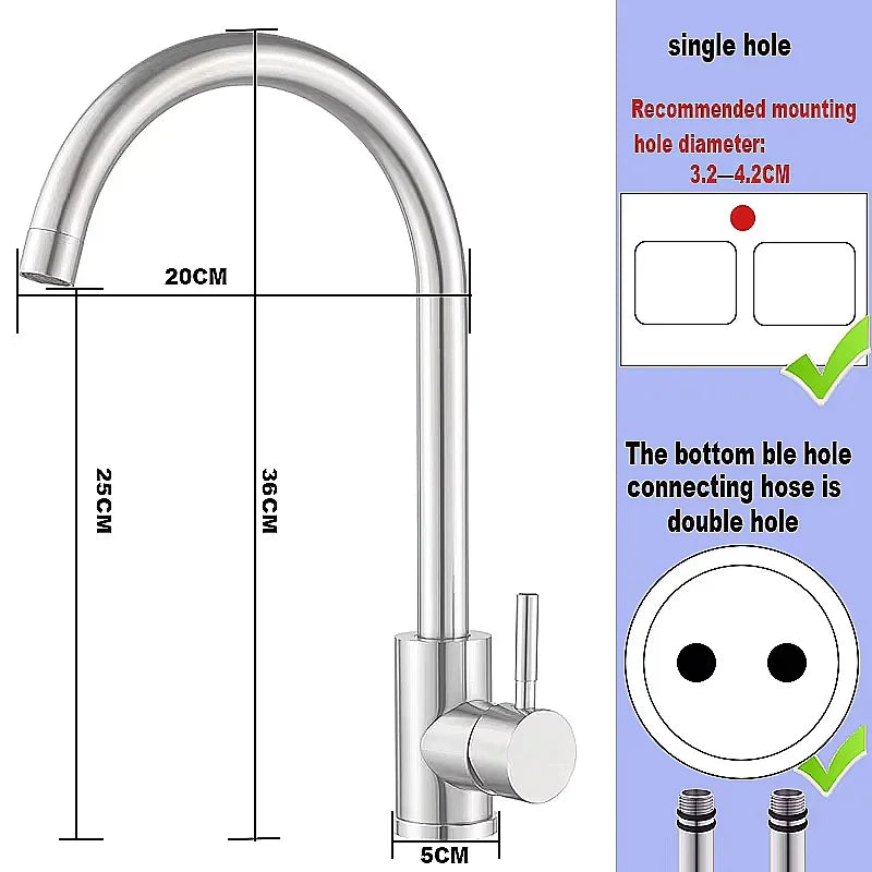 304 Stainless Steel Kitchen Faucet  Hot and Cold Water Mixer  360 degree rotation Basin installation Comes with 60cm hose