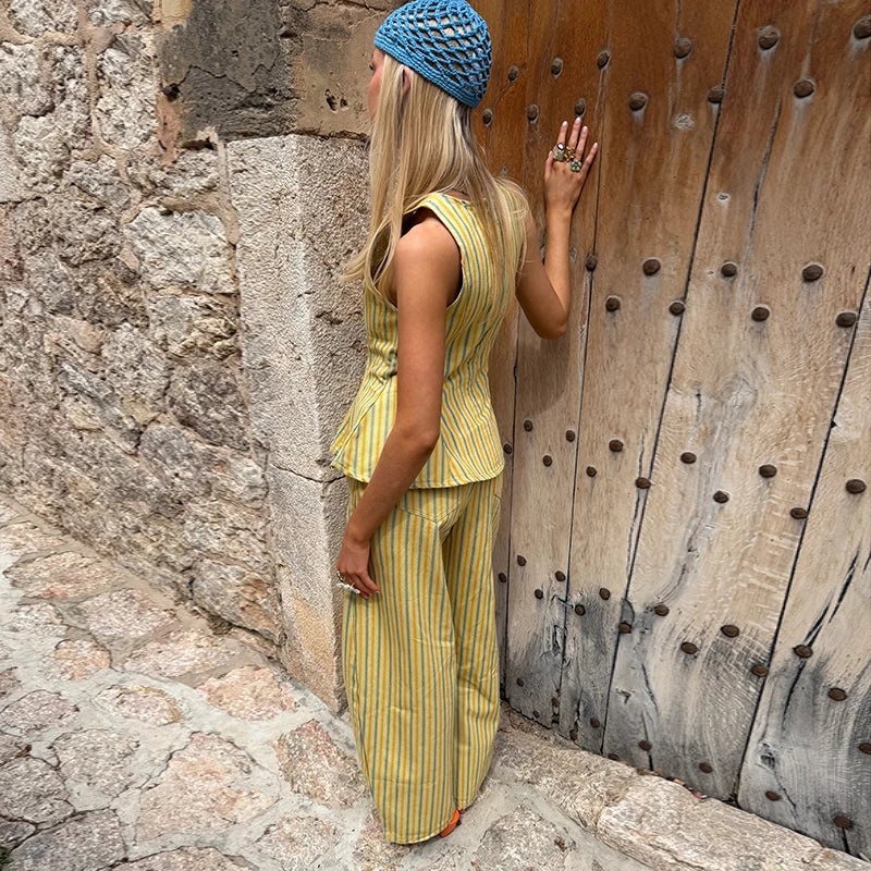 Casual Striped Pleated Vest Pants Women's Set Elegant Sleeveless O-neck Top Wide Leg Trousers 2026 Summer Vacation Lady Outfit