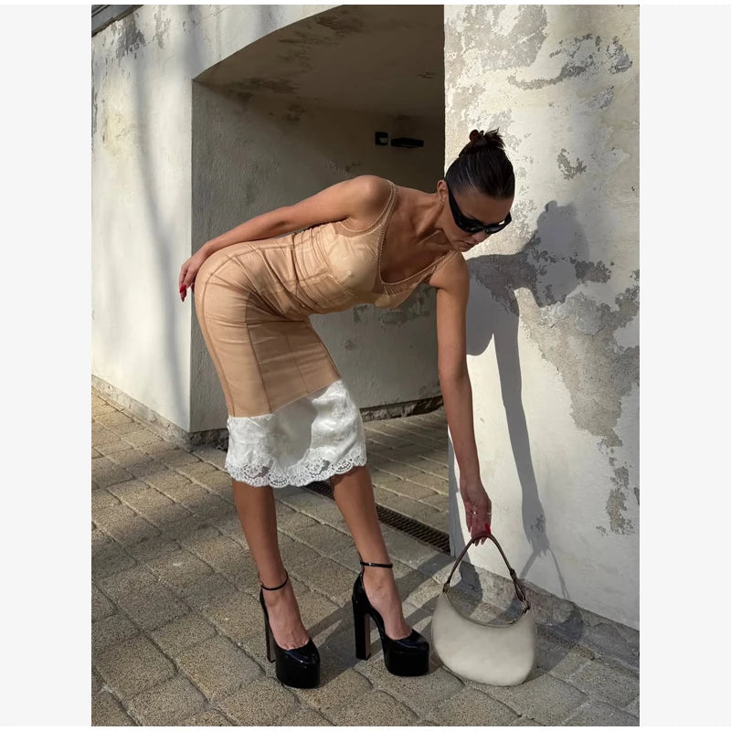 Sexy Sheer Mesh Overlay Midi Dress Women Sleeveless Sleeveless Spaghetti Strap Slim Dresses 2026 Lady Trendy Party Club Robe
