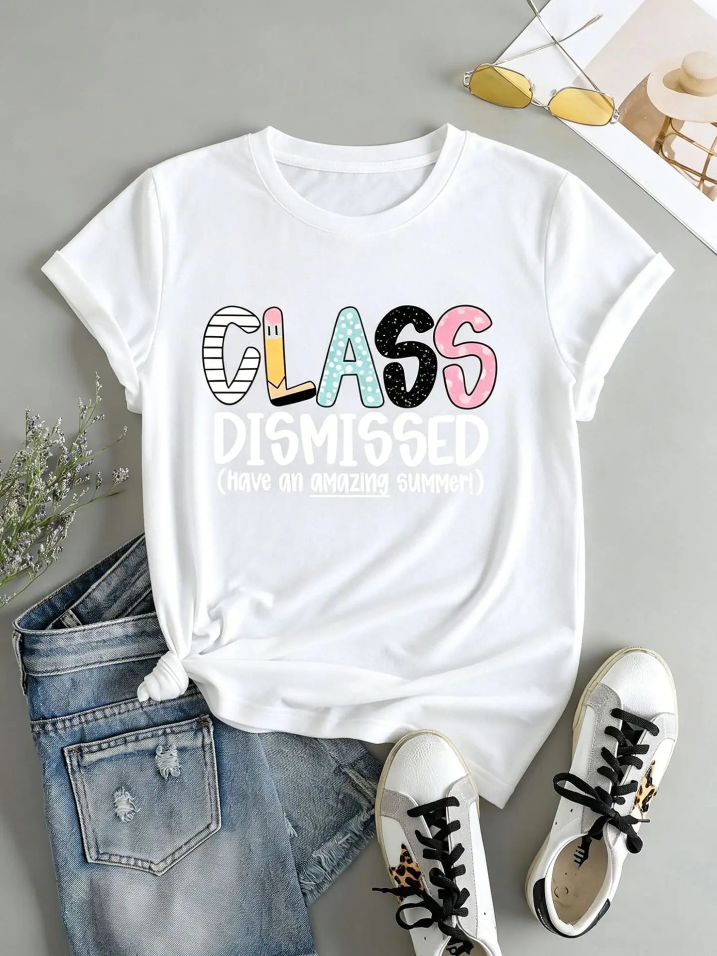 American Style Short Sleeve T-Shirt Women's Letter Print Slimming Fashionable Cross-Border Shoulder Length round Neck Top