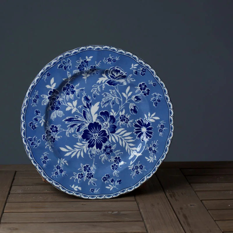European Ceramic Dinner Plate Set Blue and White Porcelain Decorative Breakfast Plates Retro Hand Painted Restaurant Steak Dish