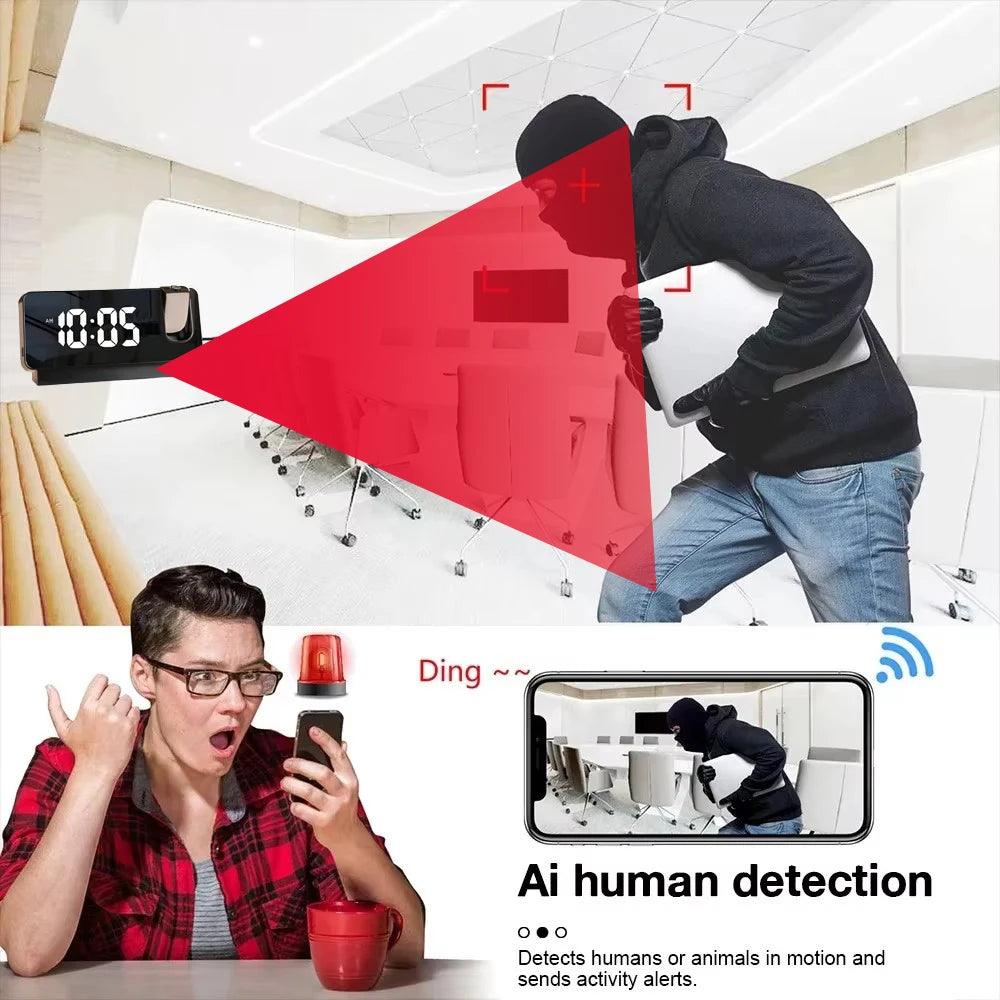 HD 4K Mini Projection Clock Camera Supports Motion Detection, WIFI Wireless Remote Viewing, Motion Detection, Home Camera
