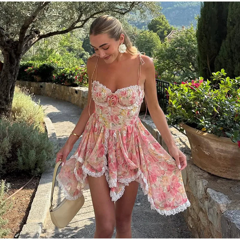 Sexy Print Spaghetti Strap Dresses Women's Sweet Sleeveless Backless Lace-up Puffy Mini Dress 2026 Summer Waist-cinching Gowns