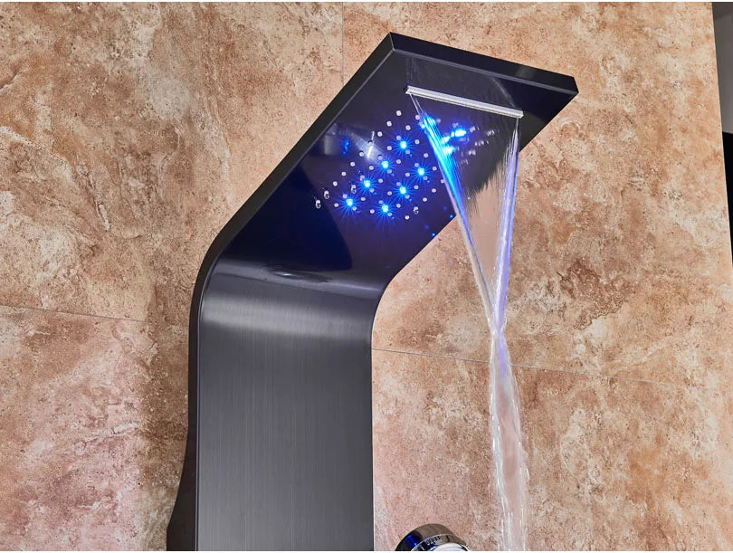 LED Light Bathroom Shower Panel Intelligent LCD Shower Column System with 6 Modes Rain Waterfall Massage Jet Bath Mixer Tap