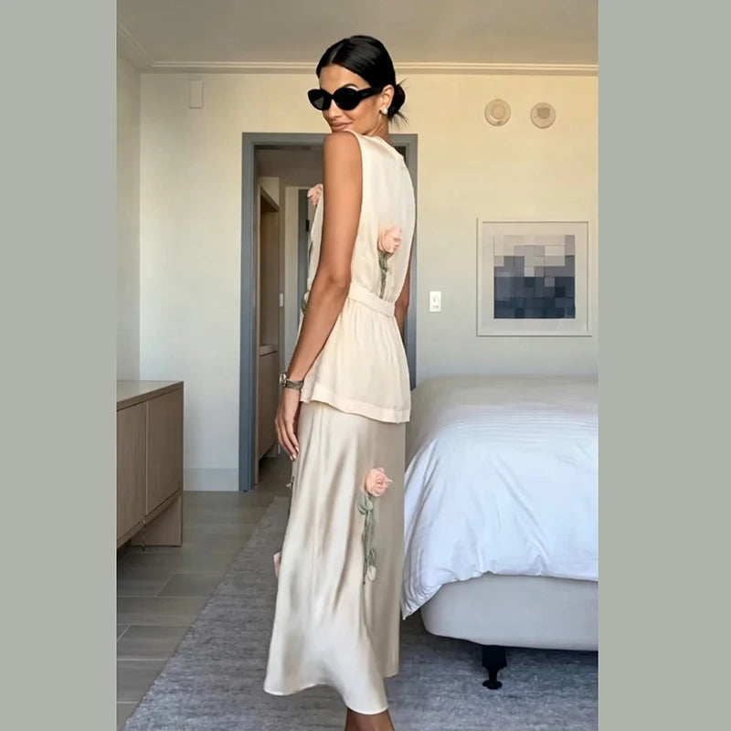 3D floral Embroidered women's midi dress square neck sleeveless pleated Peplum satin vestidos 2026 new early autumn lady dresses