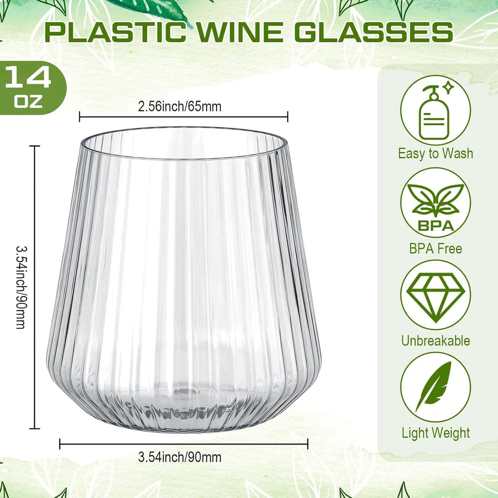 12-48Pcs 14oz Plastic Ribbed Wine Glasses Disposable Stemless Wine Glasses Plastic Cocktail Glasses for Party Unbreakable