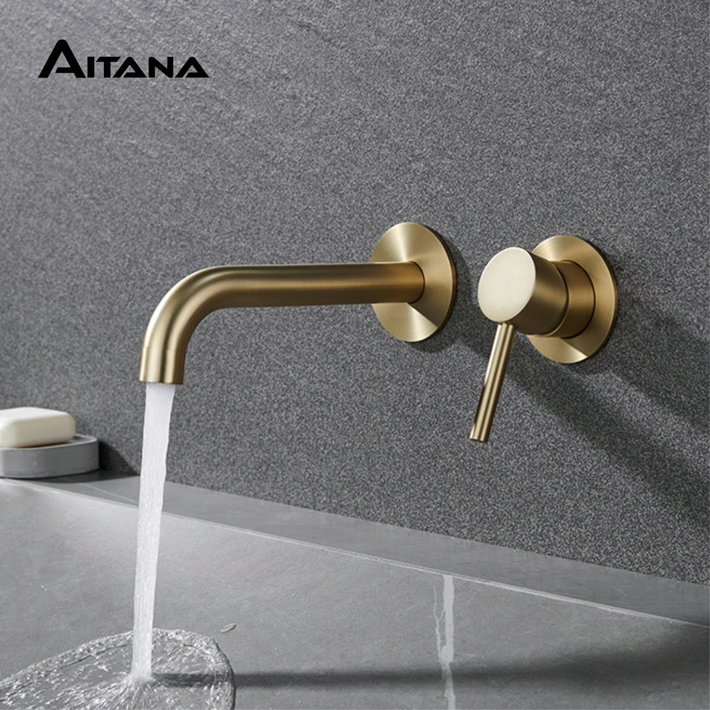 Modern Wall-Mounted Black Brass Bathroom Faucet with Concealed Design 2-Hole Single Handle Cold and Hot Dual-Control Basin Tap