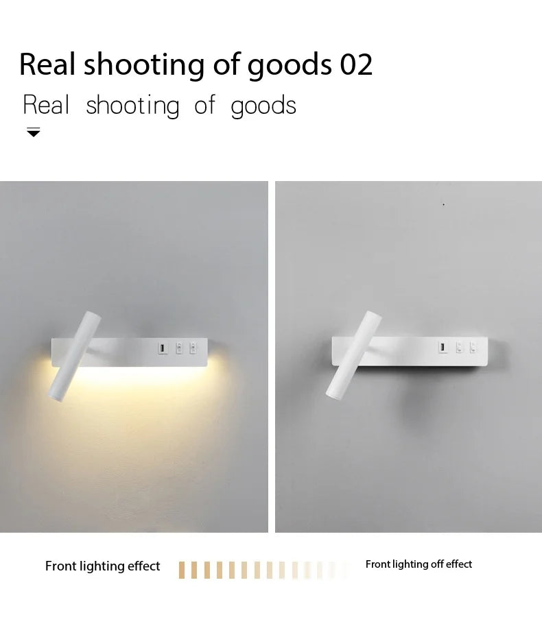 LED wall light with switch, rotatable USB reading spotlight, spotlighting, bedroom bedside hallway home decoration wall light