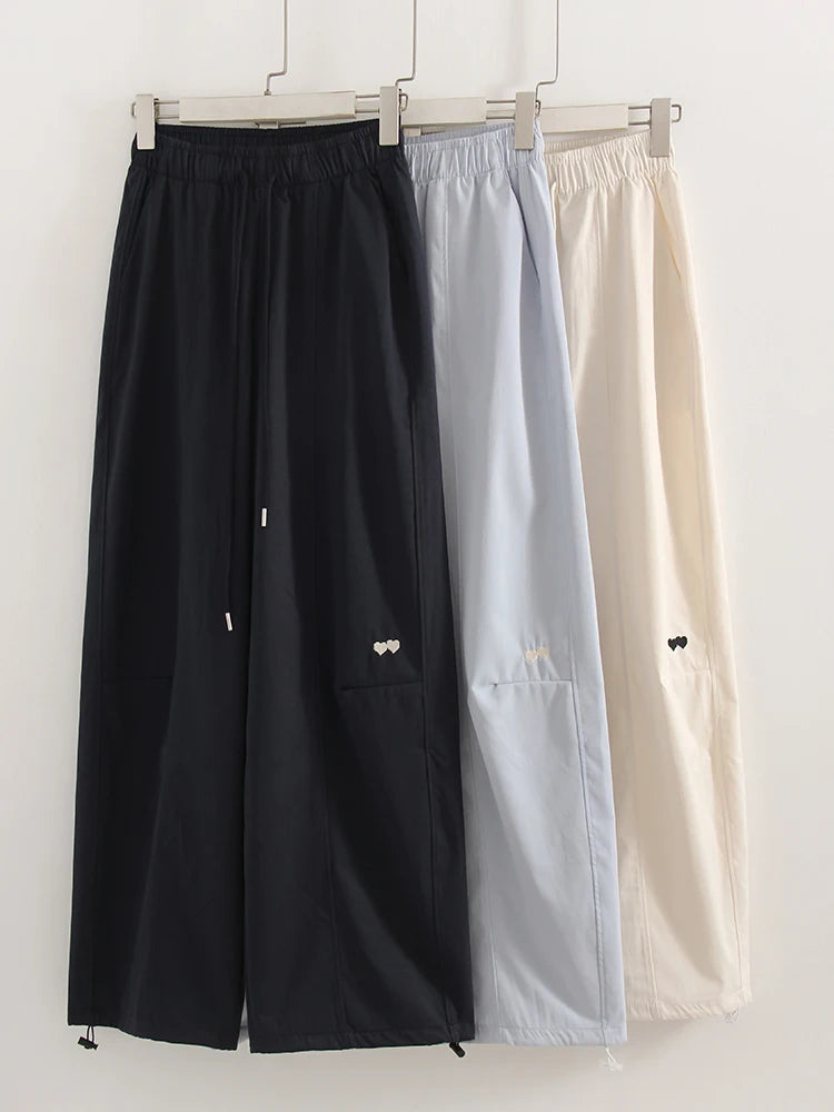 Blue Straight Pants For Women Elastic Wiast Jogger Quick-dry Sweatpants Baggy Embroidery Trousers Ladies Wide Leg Sport Pants