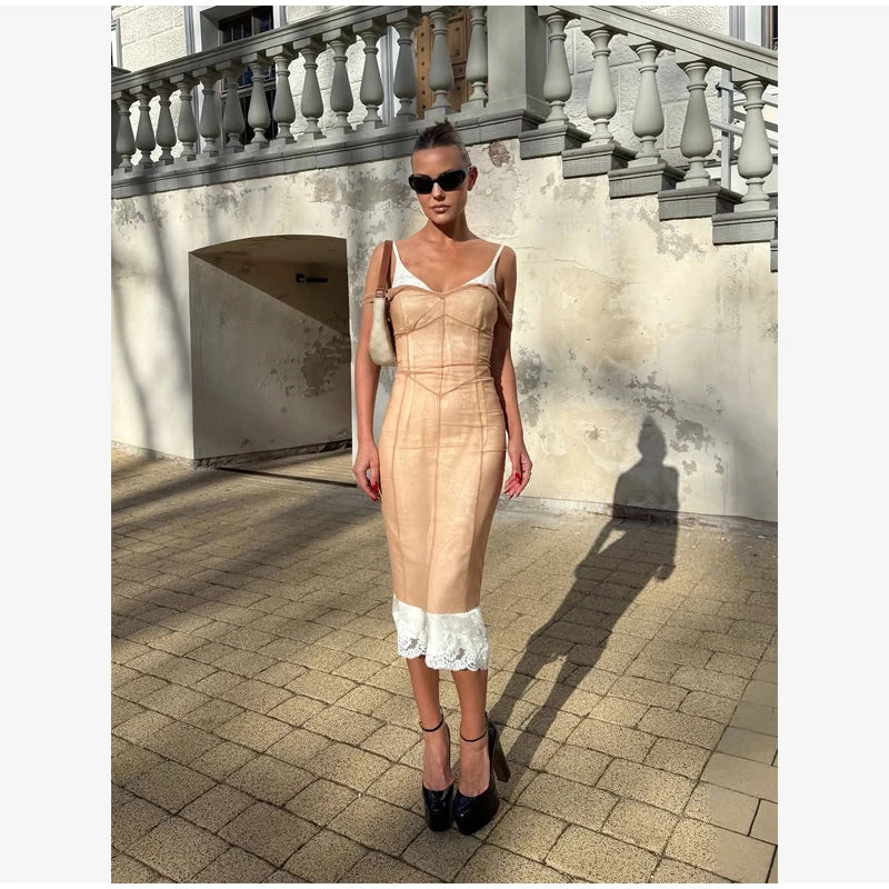 Sexy Sheer Mesh Overlay Midi Dress Women Sleeveless Sleeveless Spaghetti Strap Slim Dresses 2026 Lady Trendy Party Club Robe