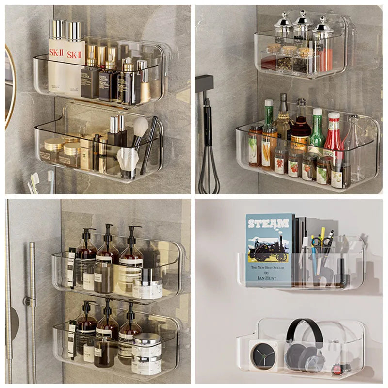 Large Transparent Bathroom Shelf, Adhesive Wall-Mounted Storage for Shower Gel/Bottles, Extra Deep PET Vanity Organizer