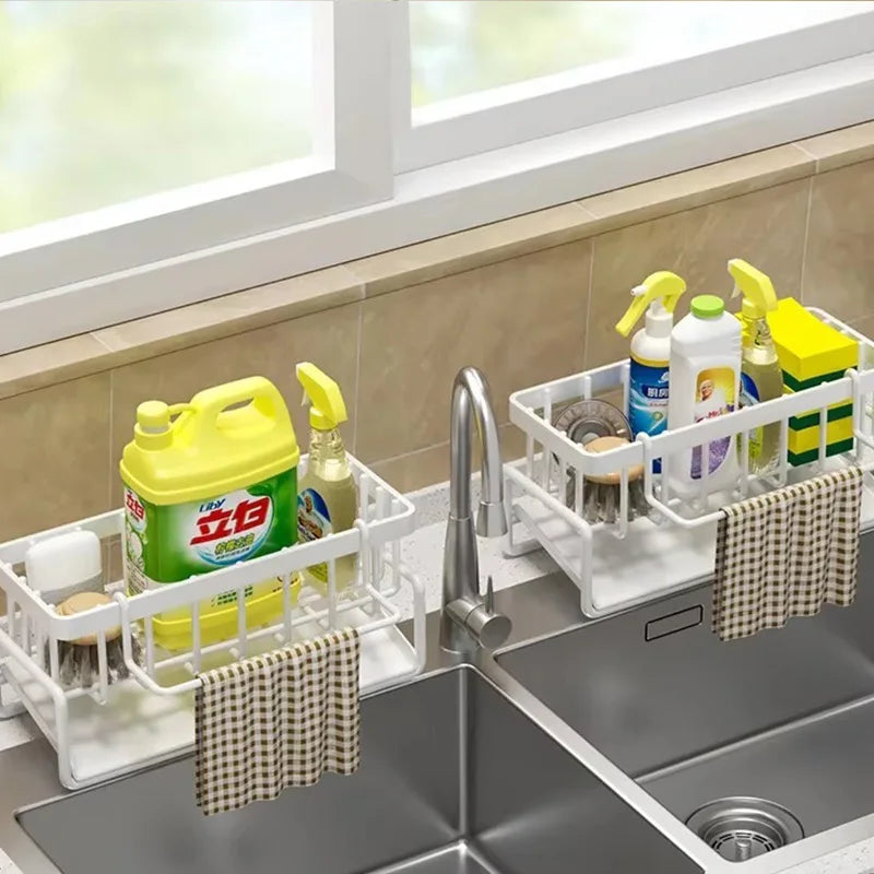 Kitchen Sink Drainage Rack Space-Saving Double-Layer Utensils Spice Storage Organizer with Tap Mounted Drip Tray