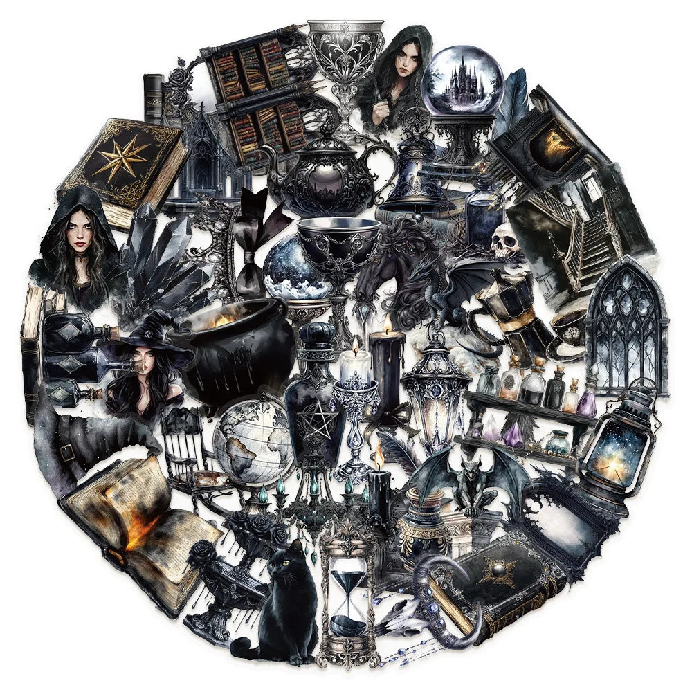 50Pcs Vintage Gothic Magic Stickers for Notebooks, Drinking Glasses, Guitars, Skateboards, Phones, Tablets