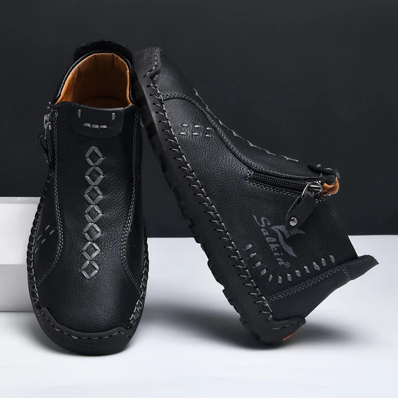 Handmade Leather Casual Shoes For Men Sneakers Men Flat Footwear Zipper Leather Boots Men Ankle Plus Size 39-48