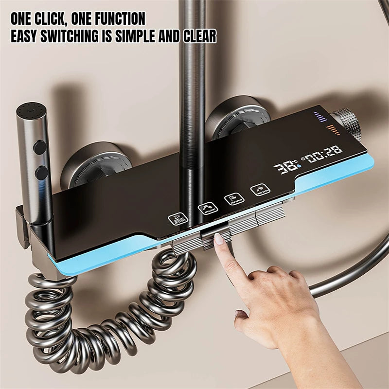 Gray Piano Keys Bathroom Shower Faucet Set Multiple Water Spray Modes Shower System With 4 types Function Digital Display