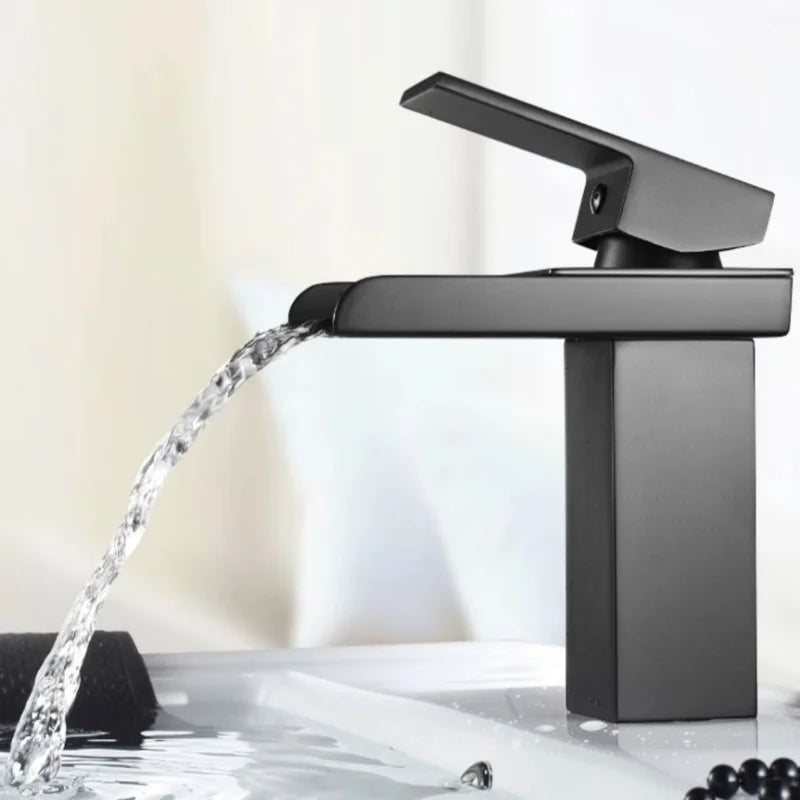 Modern Black Stainless Steel High-Low Spout Waterfall Faucet, Hot Cold Mixer Tap for Home Bathroom Vanity Sink, Premium Wash Bas
