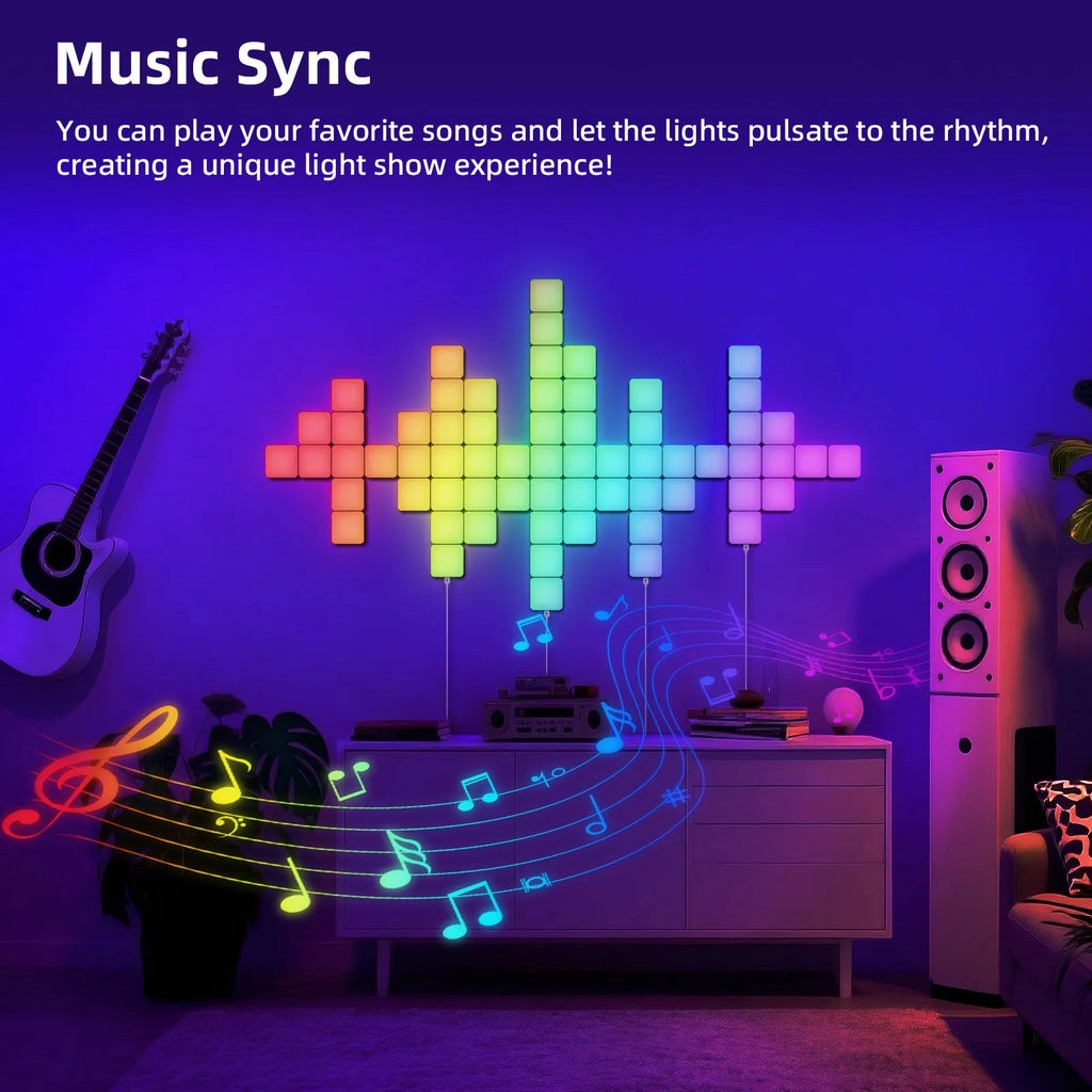 Smart Grid LED Wall Light Kit - RGB Color Changing with App & Music Control, DIY Creative Backlit Panels for Gaming Room & Bedro