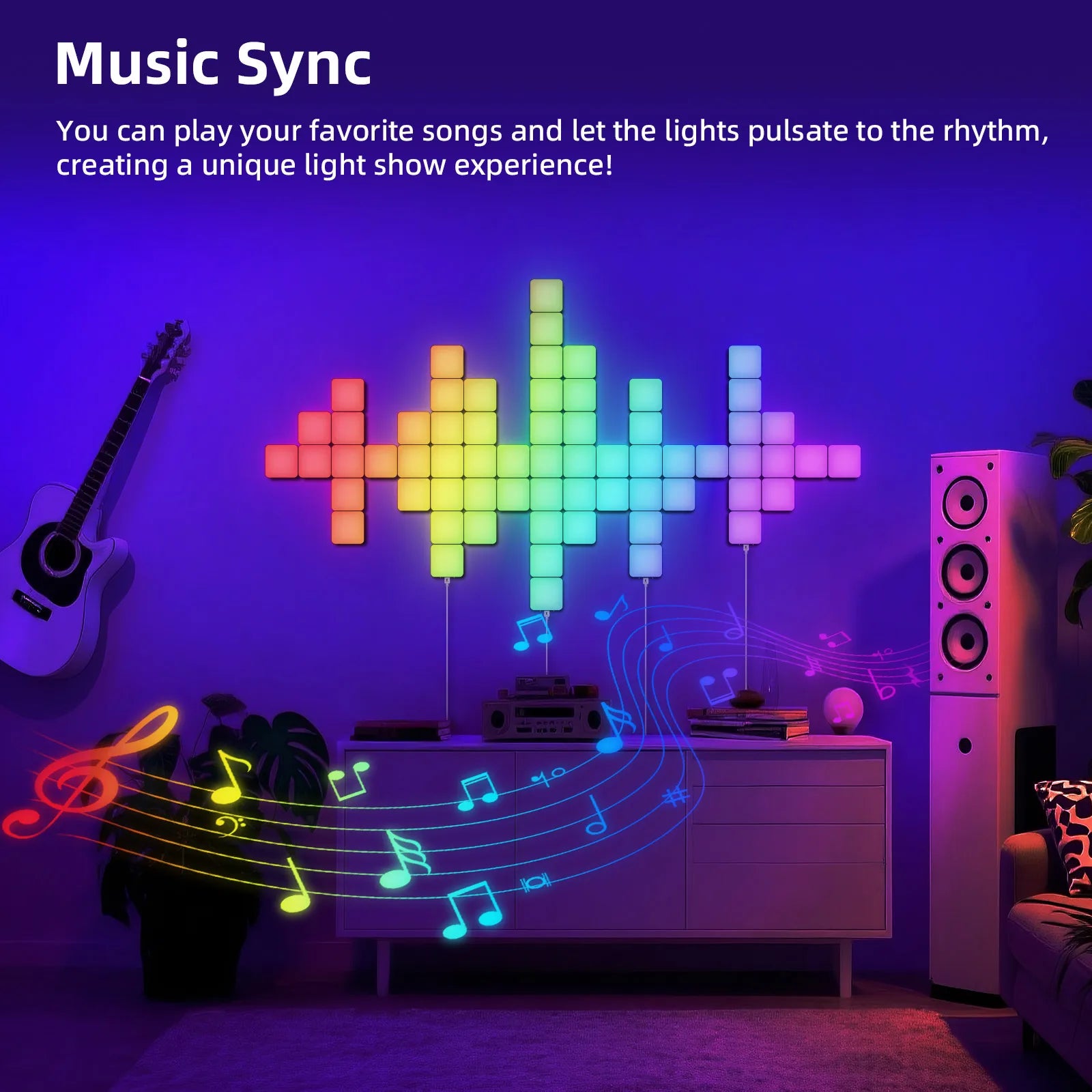 Smart Grid LED Wall Light Kit - RGB Color Changing with App & Music Control, DIY Creative Backlit Panels for Gaming Room & Bedro