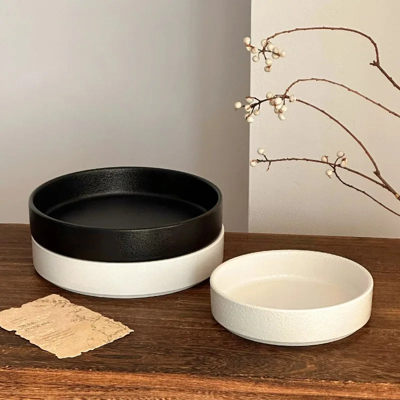 Black White Matte Ceramic Deep Plate Soup Bowl Plates Salad Plate Vintage Round Fruit Plates Western Steak Main Course Plate