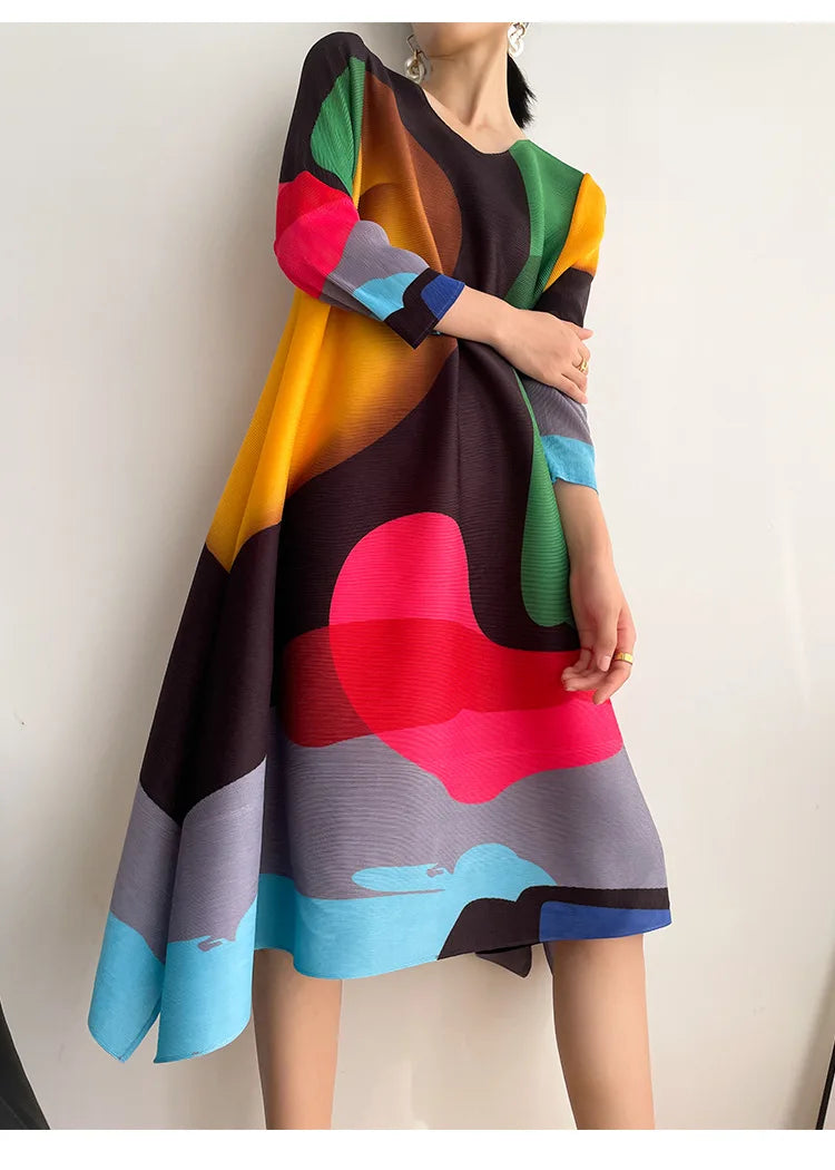 Miyake Pleated Print Dress 2024 New Early Spring Fashion Elegant A-line Swing Dress Elegant Women's Clothing High-quality