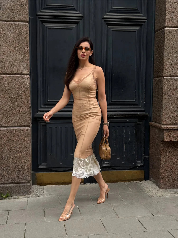 Sexy Sheer Mesh Overlay Midi Dress Women Sleeveless Sleeveless Spaghetti Strap Slim Dresses 2026 Lady Trendy Party Club Robe