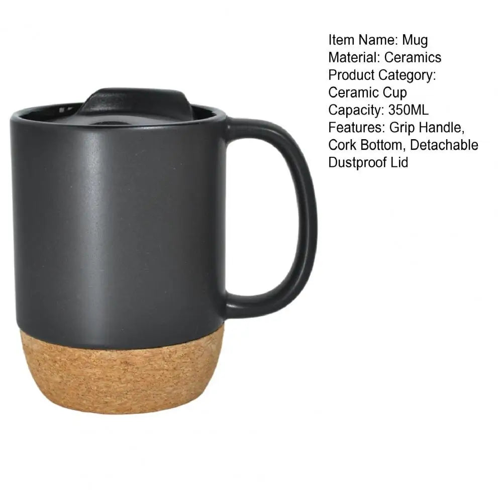 Modern Coffee Mug Leak-proof Coffee Mug 350ml Matte Black Coffee Mug with Grip Handle Cork Bottom Detachable Dustproof Lid