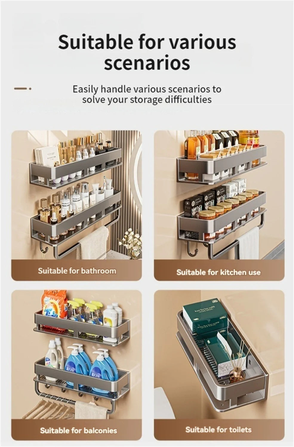 Wall-Mounted Bathroom Storage Shelf with No Drilling Required for Bathroom Sink Vanity and Toilet Wall Storage Racks