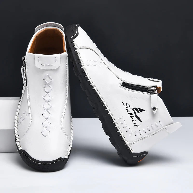 Handmade Leather Casual Shoes For Men Sneakers Men Flat Footwear Zipper Leather Boots Men Ankle Plus Size 39-48