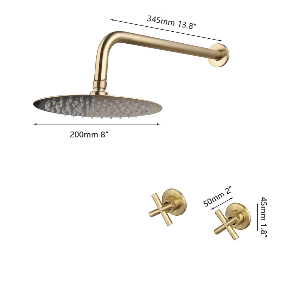 JIENI 8 Inch Brushed Gold Rainfall Shower Faucet Sets Wall Mounted Bathroom Round & Square Head 2 Handles Control Mixer Shower