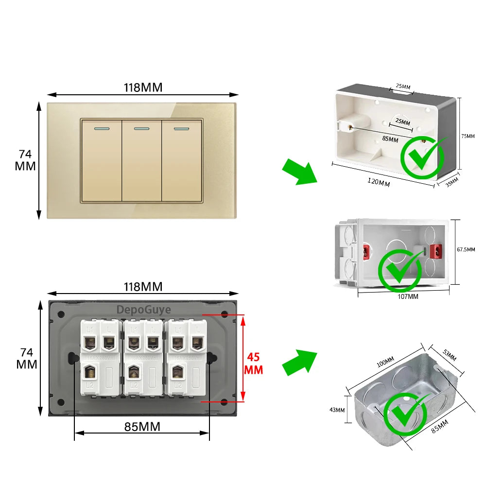 118 Type US Mexico 1/2/3/4/Gang 2/3Way Wall Light Switch Brazil Tempered Glass Panel ON OFF Push Button Power Rocker Switch