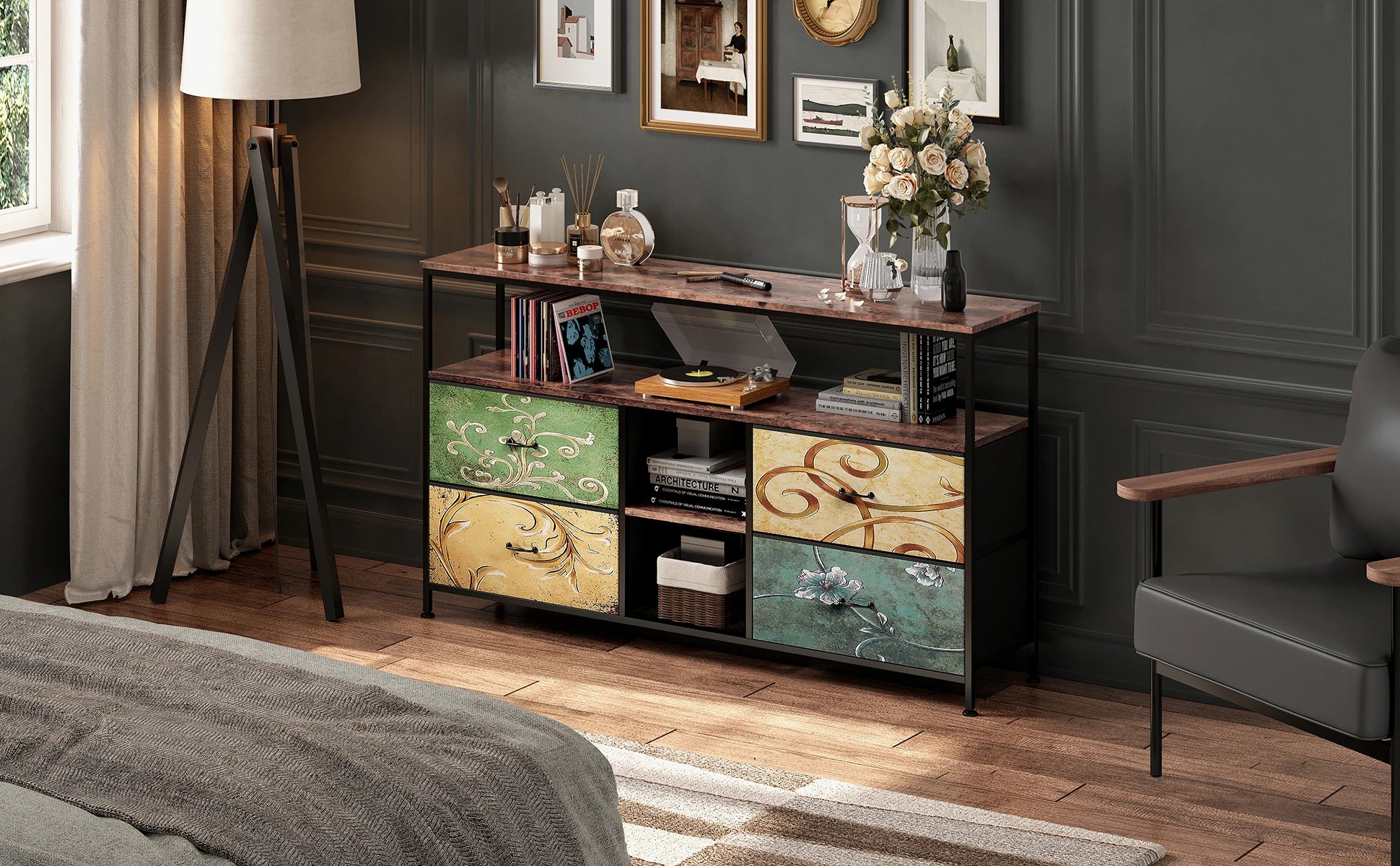Rosahqnda TV stand with 4 drawers, TV cabinet, , adjustable shelves, TV table, TV cabinet living room furniture