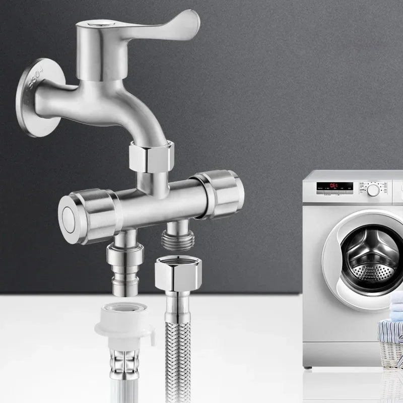 Stainless Steel Dual Head Water Outlet Dual Valve Faucet Washing Machine Faucet Splitter One In Two Out Dual Water Outlet Faucet