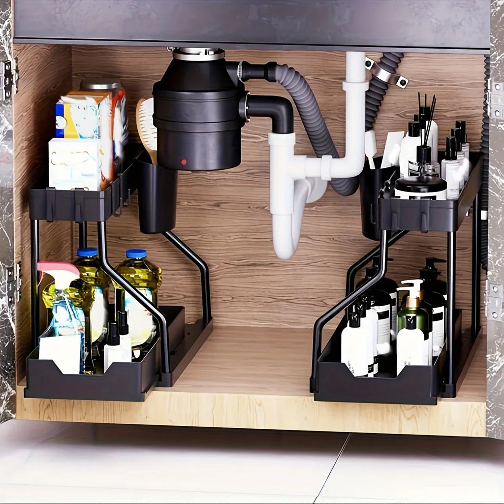 Under Sink Organizer Space Saving 2 Tier Pull Out Storage Box Durable Large Capacity Kitchen Bathroom Essential Drawer Organizer