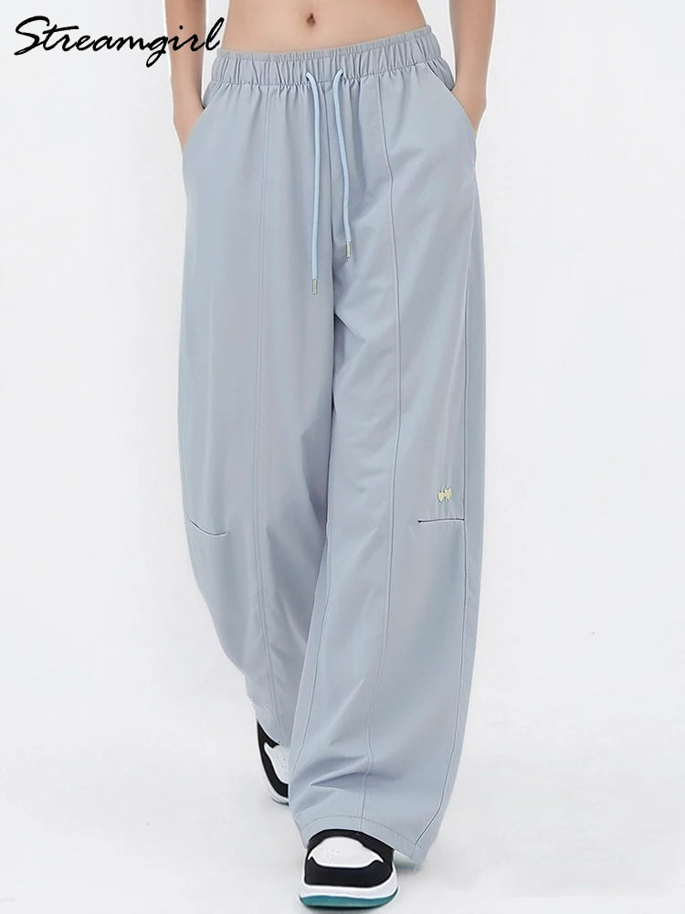 Blue Straight Pants For Women Elastic Wiast Jogger Quick-dry Sweatpants Baggy Embroidery Trousers Ladies Wide Leg Sport Pants